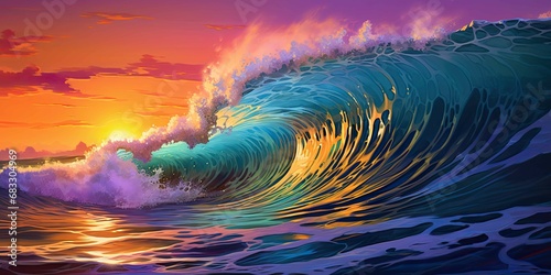 Colorful wave splashing into the sunset © DX