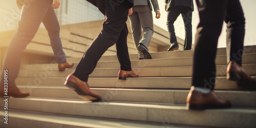 Business people climb the stairs of the city stairs. Close-up of the impersonal legs rising up. Career growth and advancement. Increasing and improving skills. Salary increase photo