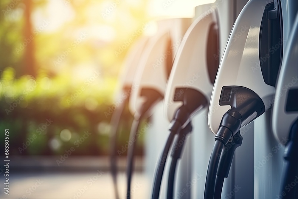 Electric vehicle charging station. Electrical outlet in a natural urban environment.