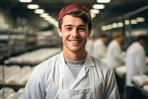 A young worker food production with smiling face looking at the camera.
