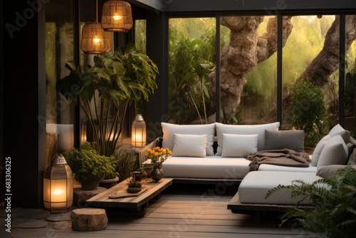 An indoor outdoor living space decorated with a lamp and plants. © visoot