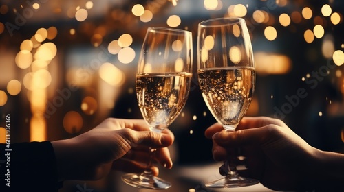People holding glasses of champagne making a toast with wishes of happiness, Celebration Christmas or new years eve party.
