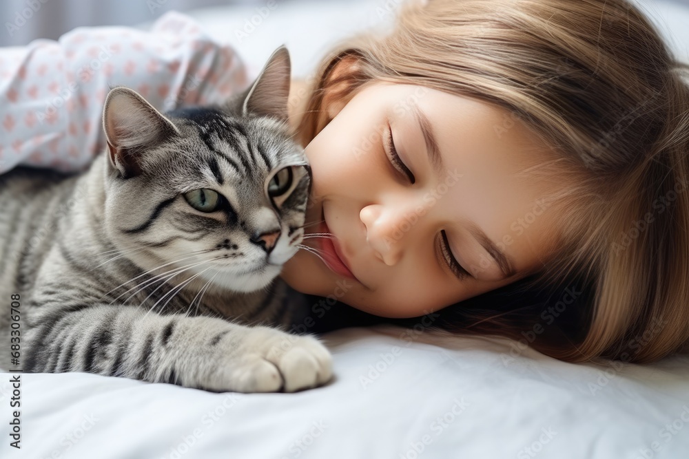 A girl kisses her cute domestic American cat. The child loves and plays with his pet.