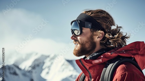 A man with beard in ski goggles and equipment looks to the side against the backdrop of a sunny winter mountain landscape photo