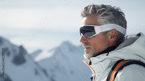 Old man in ski goggles and equipment looks to the side against the backdrop of a sunny winter mountain landscape
