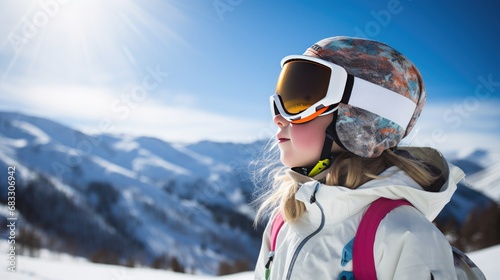 A girl child in ski goggles and equipment looks to the side against the backdrop of a sunny winter mountain landscape