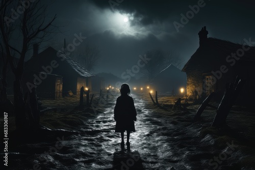 In a deserted village, There is a strange little girl standing at dark at night. © visoot
