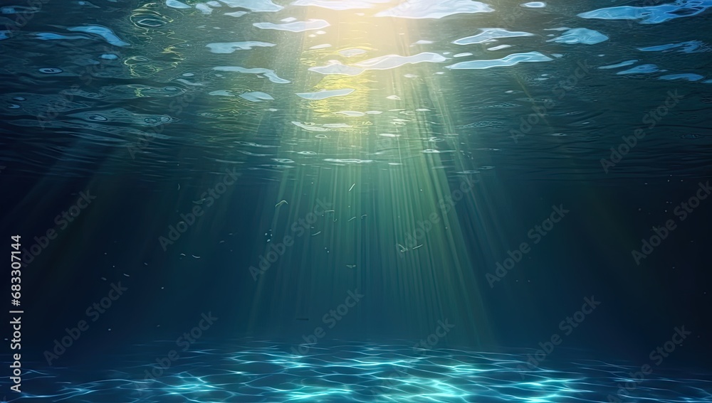 Submerged serenity. Tranquil underwater scene with sun rays and clear blue ocean. Sunlit depths. Abstract background with bright sunbeams and clear sea Submerged serenity. Tranquil underwater scene with sun rays and clear blue ocean. Sunlit depths. Abstract background with bright sunbeams and clear sea