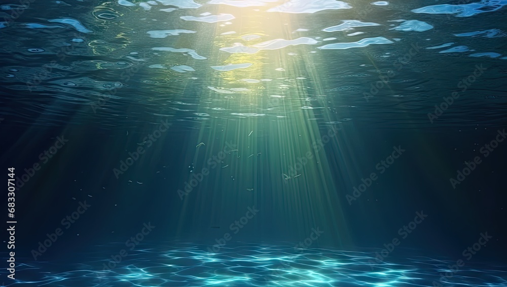 Submerged serenity. Tranquil underwater scene with sun rays and clear blue ocean. Sunlit depths. Abstract background with bright sunbeams and clear sea