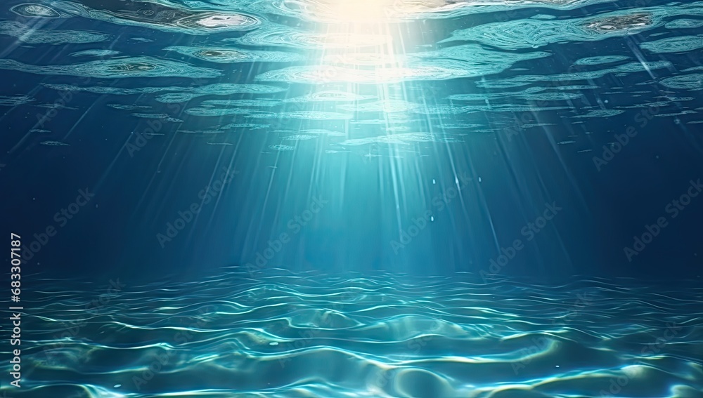 Submerged serenity. Tranquil underwater scene with sun rays and clear blue ocean. Sunlit depths. Abstract background with bright sunbeams and clear sea