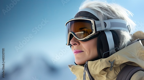 Old woman in ski goggles and equipment looks to the side against the backdrop of a sunny winter mountain landscape