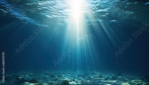 Submerged serenity. Tranquil underwater scene with sun rays and clear blue ocean. Sunlit depths. Abstract background with bright sunbeams and clear sea photo