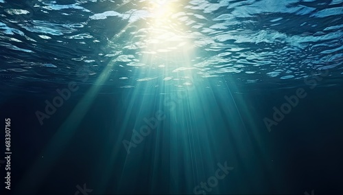 Submerged serenity. Tranquil underwater scene with sun rays and clear blue ocean. Sunlit depths. Abstract background with bright sunbeams and clear sea