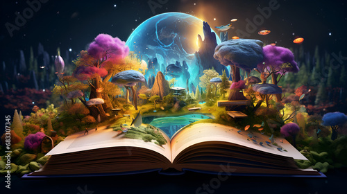 Magic book with fairy tale castle and magic trees Fantasy world