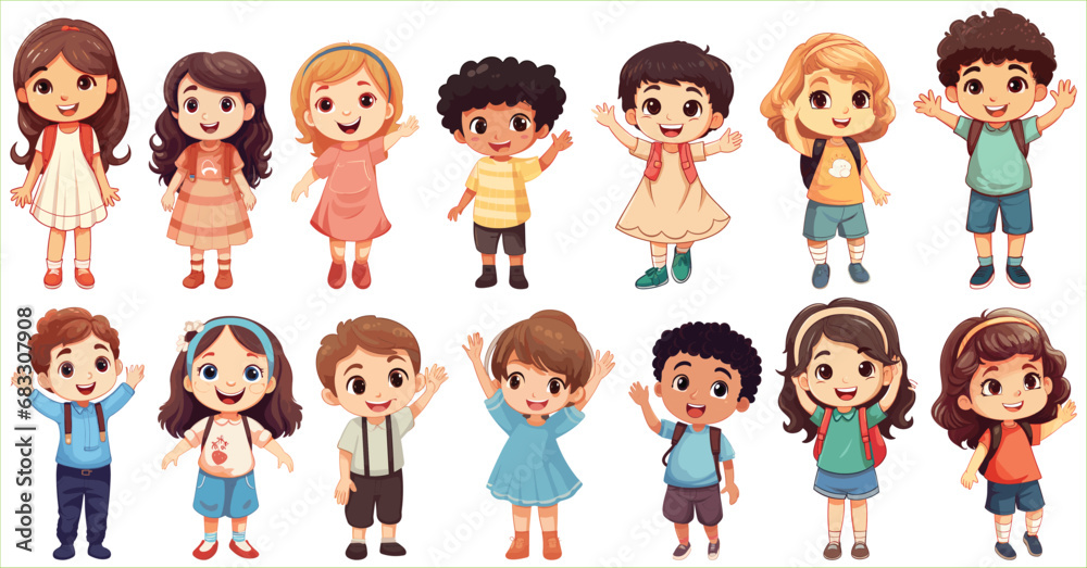 Set of Happy multiethnic preschool girls and boy standing in different expressions, Cute kids cartoon with different expressions, Set of funny and cute little boy and girl with different expressions