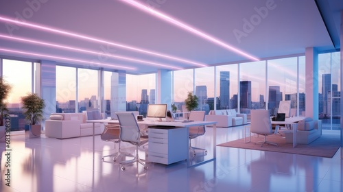 Modern office soft blue and purple light interior  Front view.