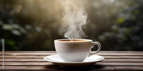 Hot coffee on the table on a blur background, Coffee Hot Stock, Cup of coffee on wooden table, Coffee Break - Enjoy a Cup of Hot Brewed Coffee - Generative AI 