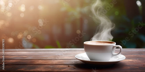 Black coffee In a white coffee mug there is smoke or white steam rising up. Hot espresso on a wooden table for breakfast The background is a mountain scenery. The morning sun is rising, GENERATIVE AI