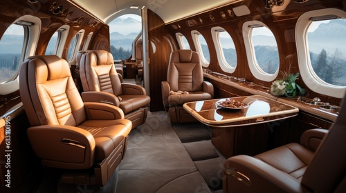 Luxurious private jet featuring plush leather seats, Opulent lifestyle. © visoot
