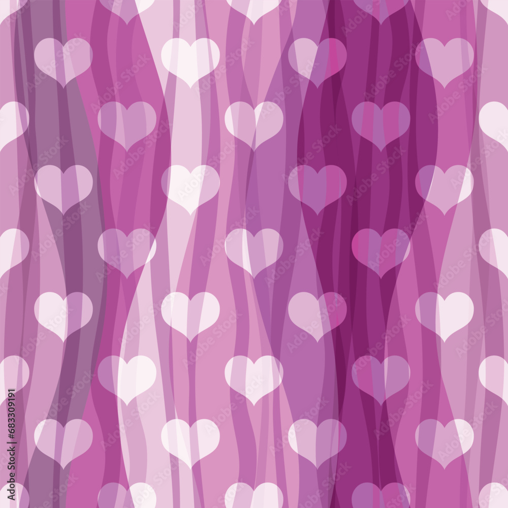 Vector seamless colorful pinrk valentine pattern with white hearts and wave lines