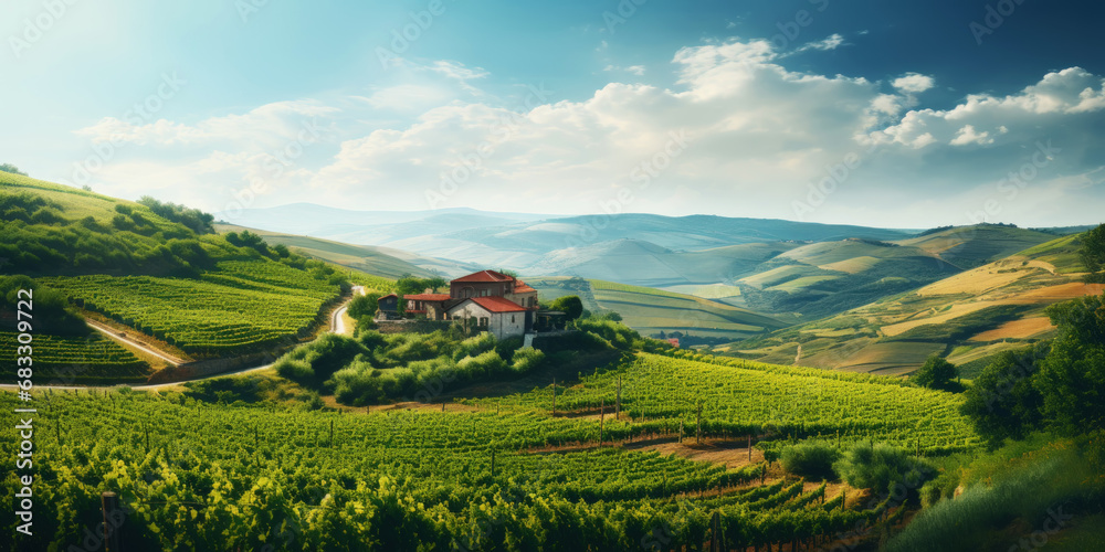 Vineyard landscape with an old winery building on a hill on a sunny day. Rows of grapes. Generative AI