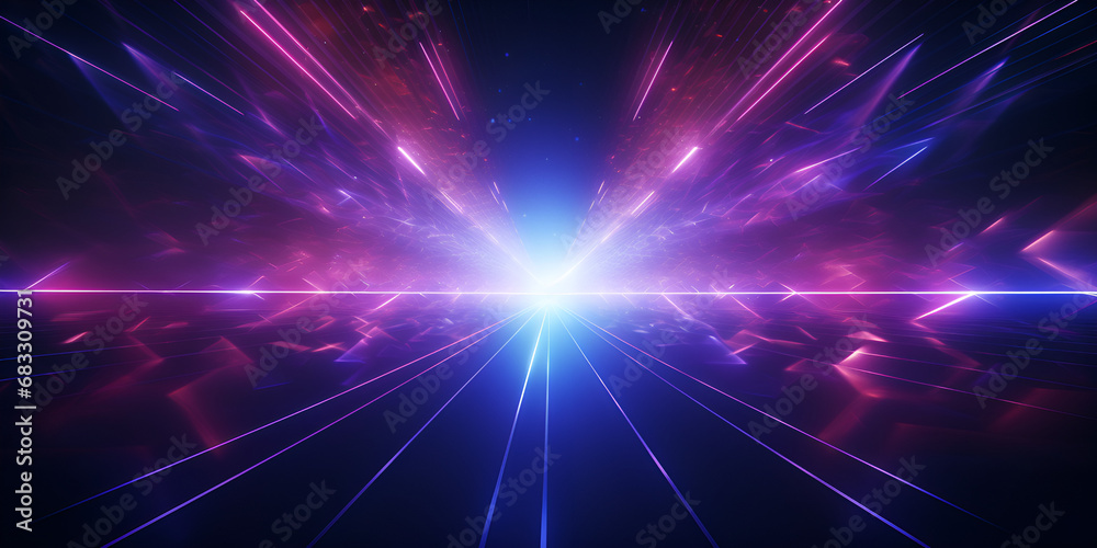 Abstract future scene Neon rays cast reflections on dark water,A purple and blue background,Immersed Image,Abstract future scene,