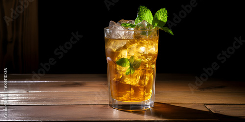 Fresh Cocktail Summer Drink on Wooden Table, Lemon Mint Garnish, Mojito ready to drink at the beach, generative AI 