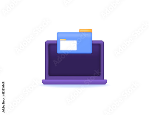 File management system. Directory and File Explorer. application or software. symbols of laptop and folder. Minimalist 3D concept design. graphic elements. 3D vectors. white background