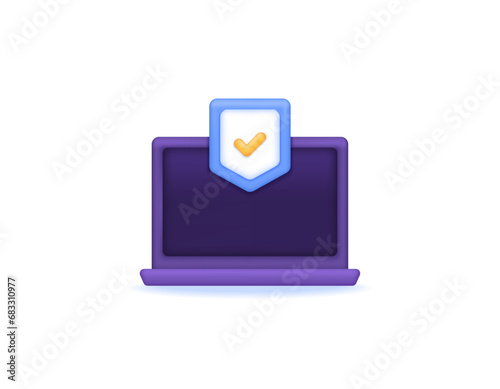 Computer system protection. Security and safety devices. prevention and protection from hacker attacks and viruses. symbols of laptop and shield. antivirus and VPN. Minimalist 3D concept design