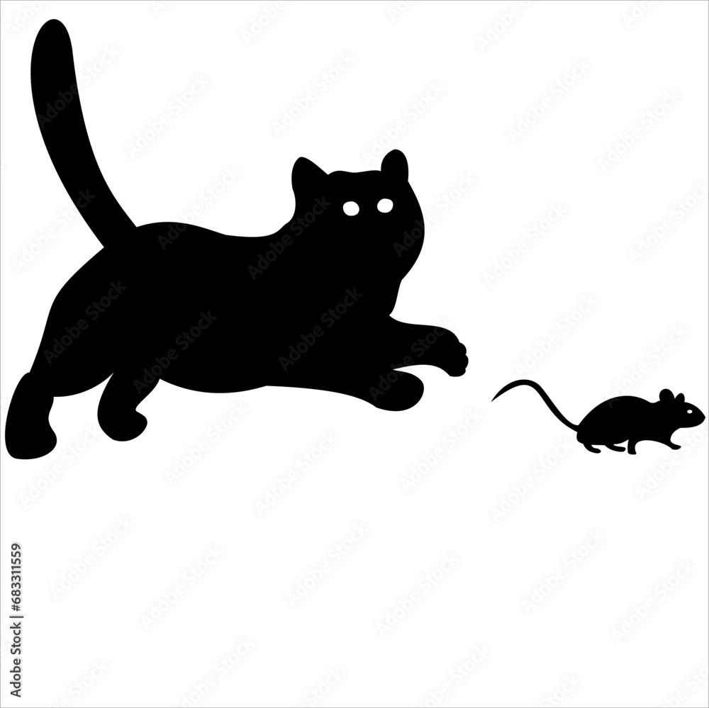 Silhouette of a cat and a mouse. Vector, illustration.