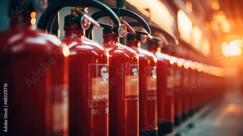 Close-up of row of fire extinguishers. photo