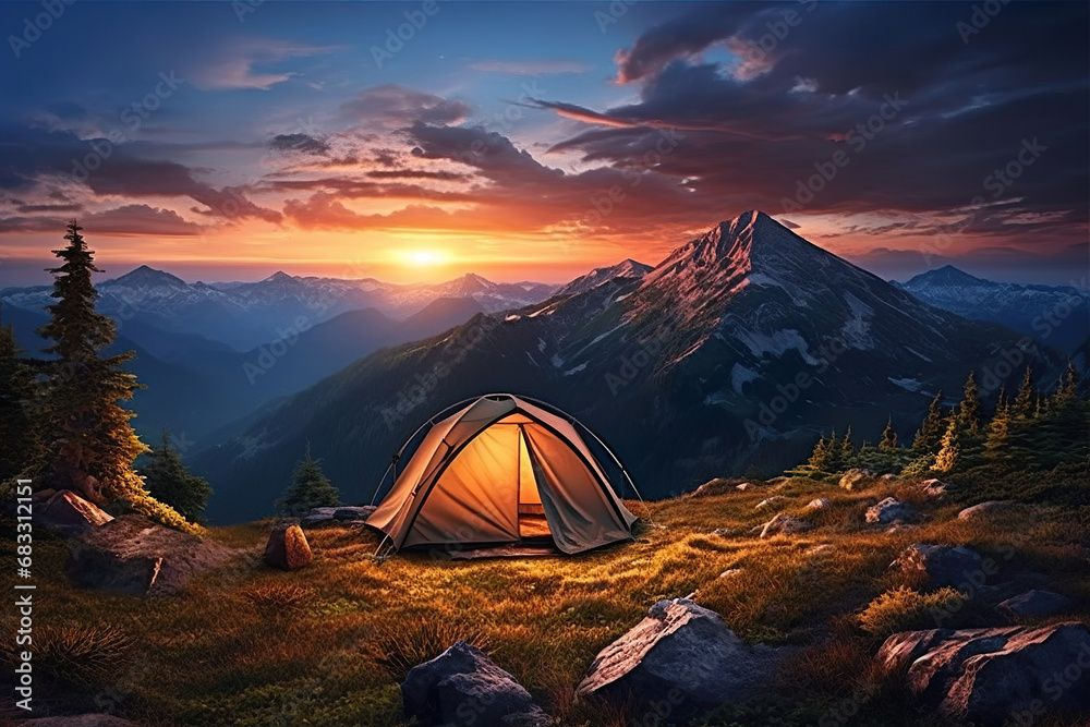 Tent on a Grassy Field with mountain view. Generative Ai