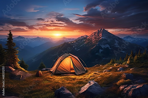 Tent on a Grassy Field with mountain view. Generative Ai