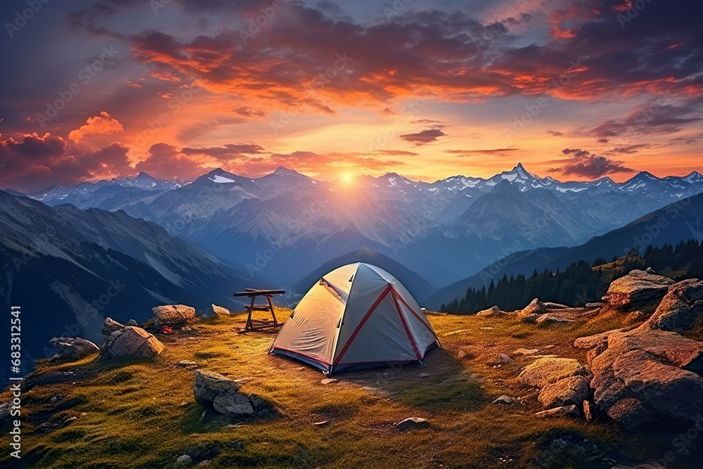 Tent on a Grassy Field with mountain view. Generative Ai