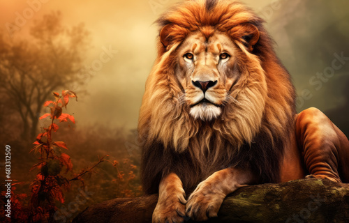 Lion in the forest. Wildlife scene from nature. Animal portrait. © thodonal