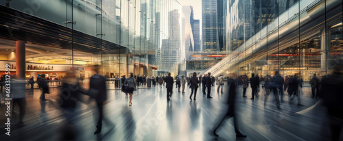 Business people walking in the lobby of a modern shopping center. Blurred motion effect.