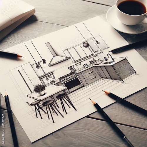 kitchen design sketch on a white sheet with a black pencil professional photo