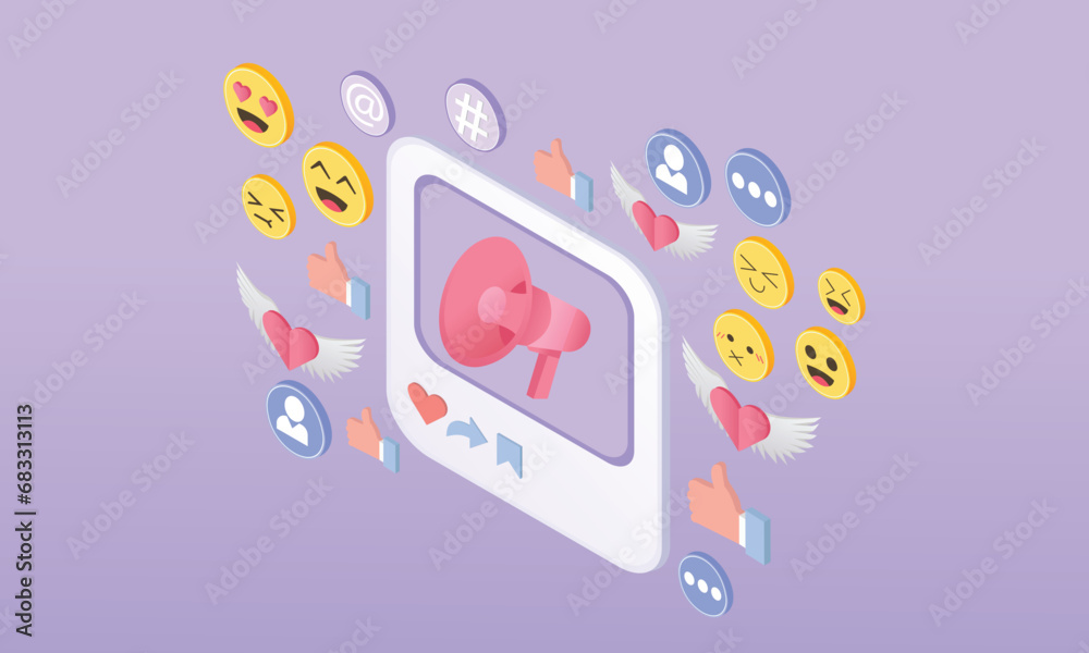 3d minimal megaphone or loudspeaker, photo frame, thumbs up icon, hashtag, heart. concept of social media communication and promotion. digital marketing .on pastel purple background. 3d minimal megaphone or loudspeaker, photo frame, thumbs up icon, hashtag, heart. concept of social media communication and promotion. digital marketing .on pastel purple background.