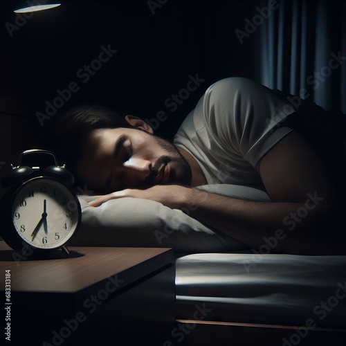 person sleeping on the bed there is a watch on a stand next to him photo
