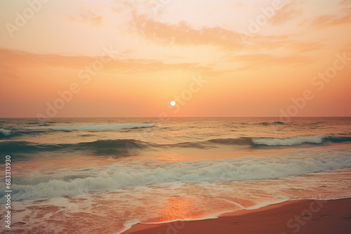 A serene beach scene with a minimalistic sun setting over the horizon, captured through the simplicity of shapes.