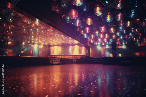 Illustration of a retro-style disco ballroom with colorful lights, embodying the disco fever of the 1970s.