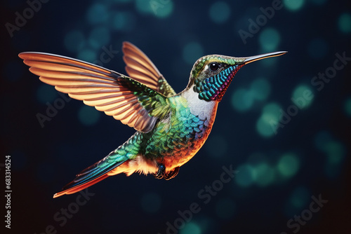 A mesmerizing hyperrealistic illustration of a hummingbird in mid-flight, capturing the iridescence of its feathers and rapid wing movement.