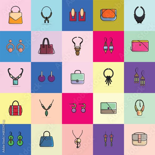 Collection Of 25 Women's Party Fashion Earrings, Handbags and Neck Necklaces vector illustration. Beauty fashion objects icon concept. Set of women fashion jewelry accessories vector design.