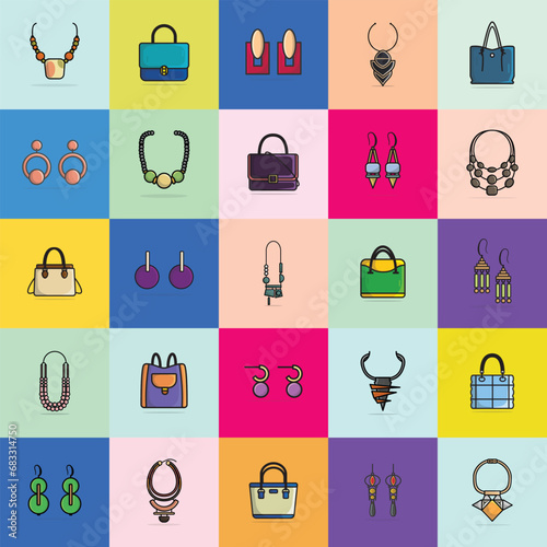 Collection Of 25 Modern Designer Ladies Earrings, Handbags and Neck Necklaces vector illustration. Beauty fashion objects icon concept. Set of women fashion jewelry accessories vector design.