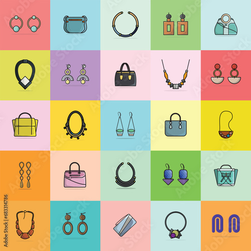 Collection Of 25 Women Trendy Colorful Earrings, Handbags and Neck Necklaces vector illustration. Beauty fashion objects icon concept. Set of women fashion jewelry accessories vector design.