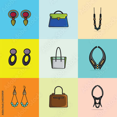 Set Of 9 Beautiful Fashion Earrings, Purses and Necklaces design vector illustration. Beauty fashion objects icon concept. Set of women fashion jewelry accessories vector design.
