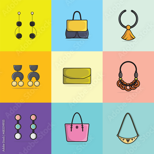 Collection of 9 Women Fashion Earrings, Purses and Neck Necklaces vector illustration. Beauty fashion objects icon concept. Set of trendy women fashion jewelry accessories vector design.