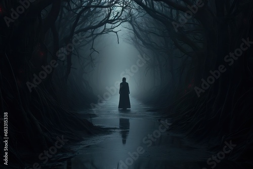 Horror night forest landscape with scary ghost. Mysterious fairy forest in a fog. Dark fantasy background, paranormal another world
