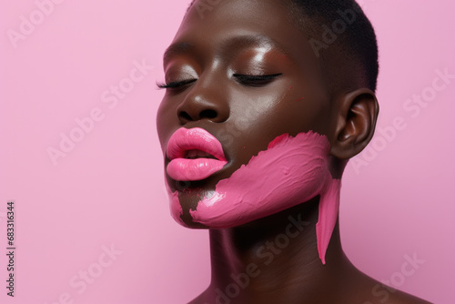 A transvestite guy with pink lips and pink face paint photo