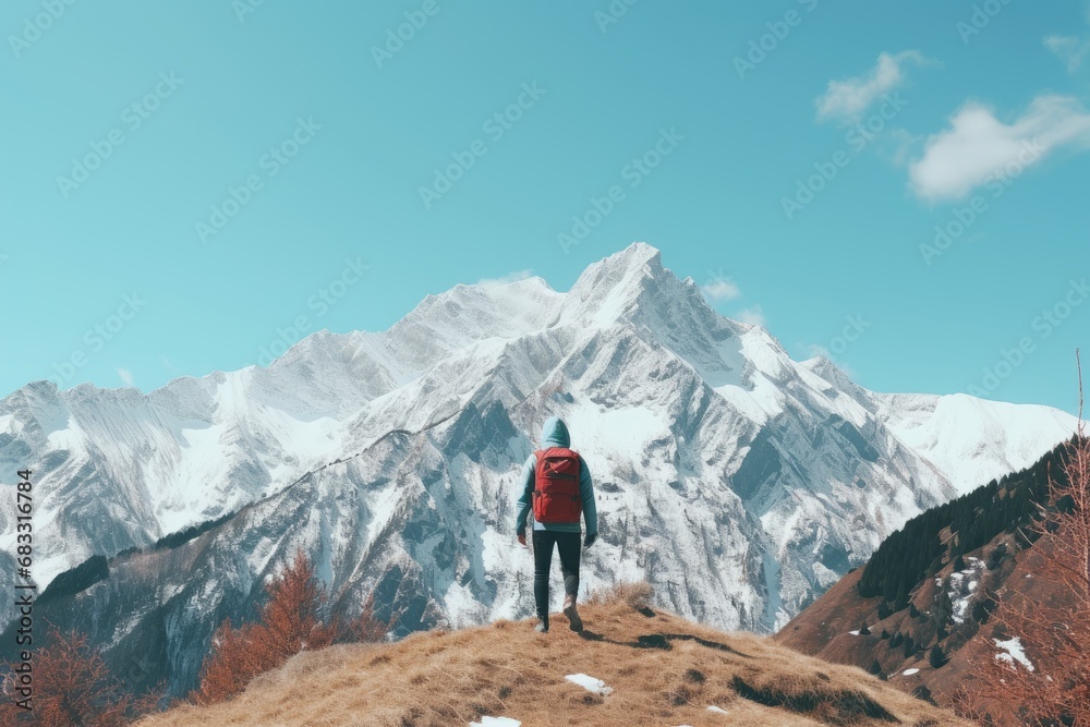 Man hiking on top of a rocky mountain peak. Climber on a summit freedom. Snowy mountains landscape. Camp trek. Success, freedom and happiness. Background or banner about travel and vacations